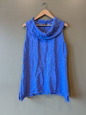 Fenini Blue Linen Cowl Neck Tunic Tank Top Med Lagenlook Vacation Beach Summer
